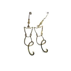 Cat Silhouette Dangle Earrings Gold Minimalist Open Outline Catlady Classic